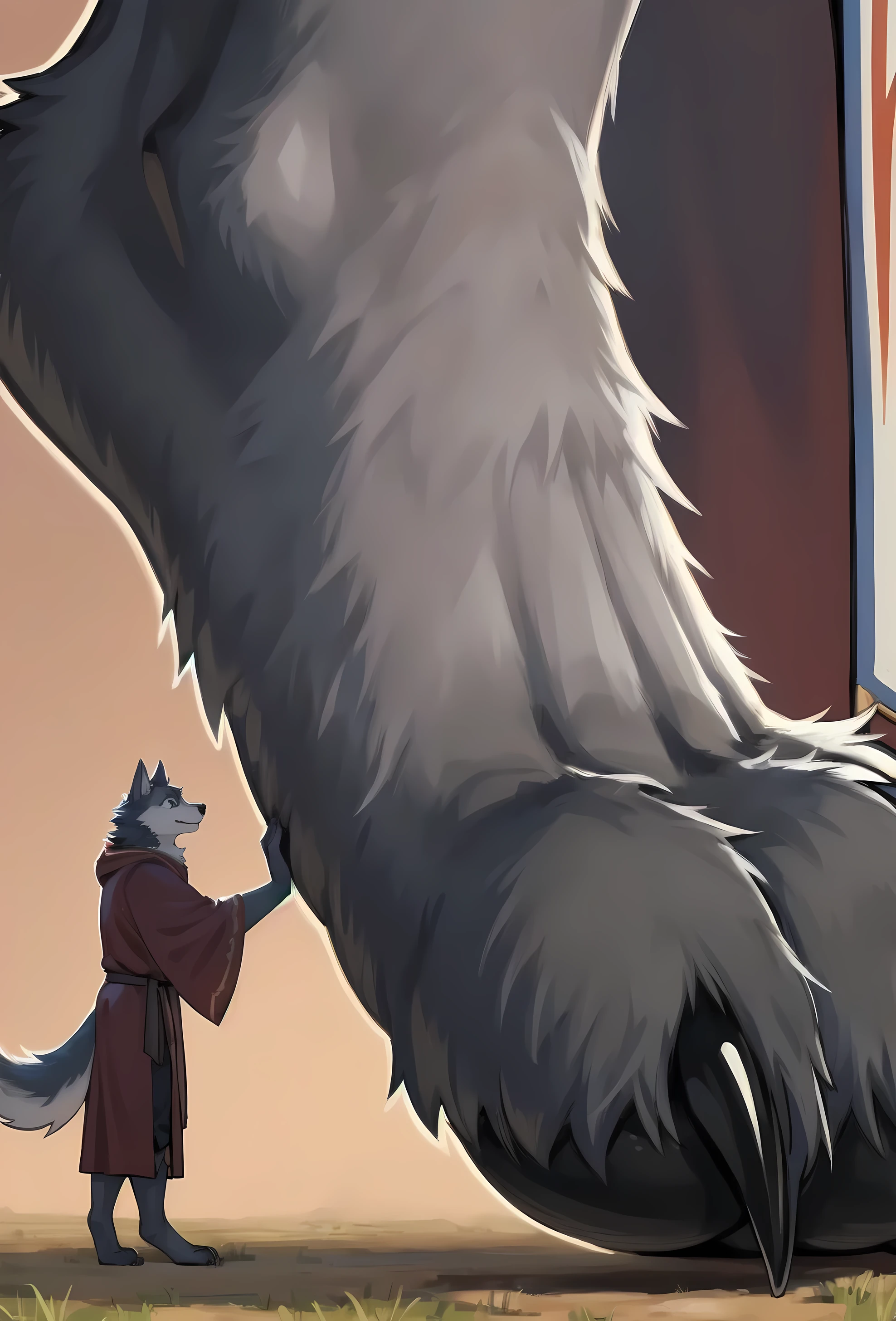 (macro size: 1.1), describe image of a giant wolf boy putting his foot on an adventurer, an adventurer looking at a closeup wolf foot, simple background, (2boys: 1.1) (height difference), (wolf foot paw closeup: 1.1) (femboy), (furry wolf boy: 1.1), robes, adventurers, (very detailed: 1.2)