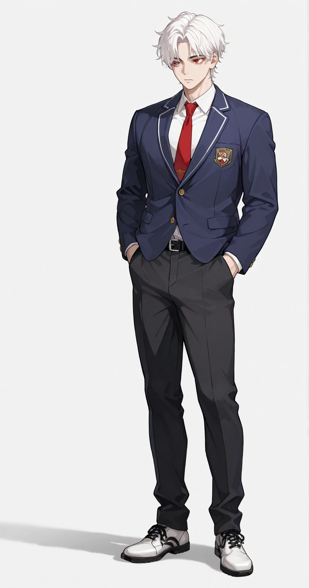 1 boy, fit, handsome, wavy white hair, middle part hair, under cut, short hair, neutral face, middle part hair, defined red eyes, white eyelashes, fit body, muscular body, Latino, light skined, high school uniform, red tie, dark blue jacket, belt, black pants, standing, white leather shoes, hands in pocket, full body, plain white background