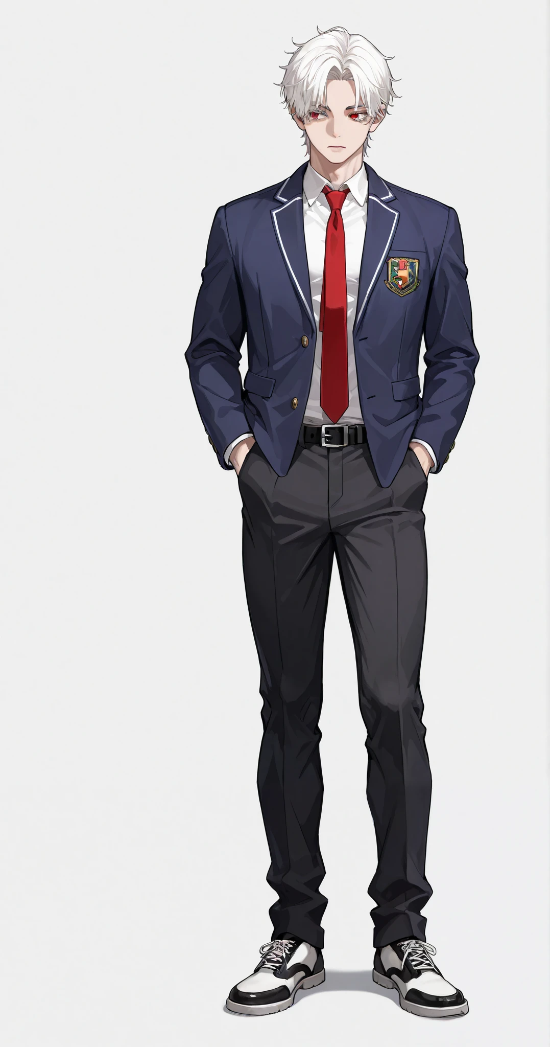 1 boy, fit, handsome, wavy white hair, middle part hair, under cut, short hair, neutral face, middle part hair, defined red eyes, white eyelashes, fit body, muscular body, Latino, light skined, high school uniform, red tie, dark blue jacket, belt, black pants, standing, white leather shoes, hands in pocket, full body, plain white background