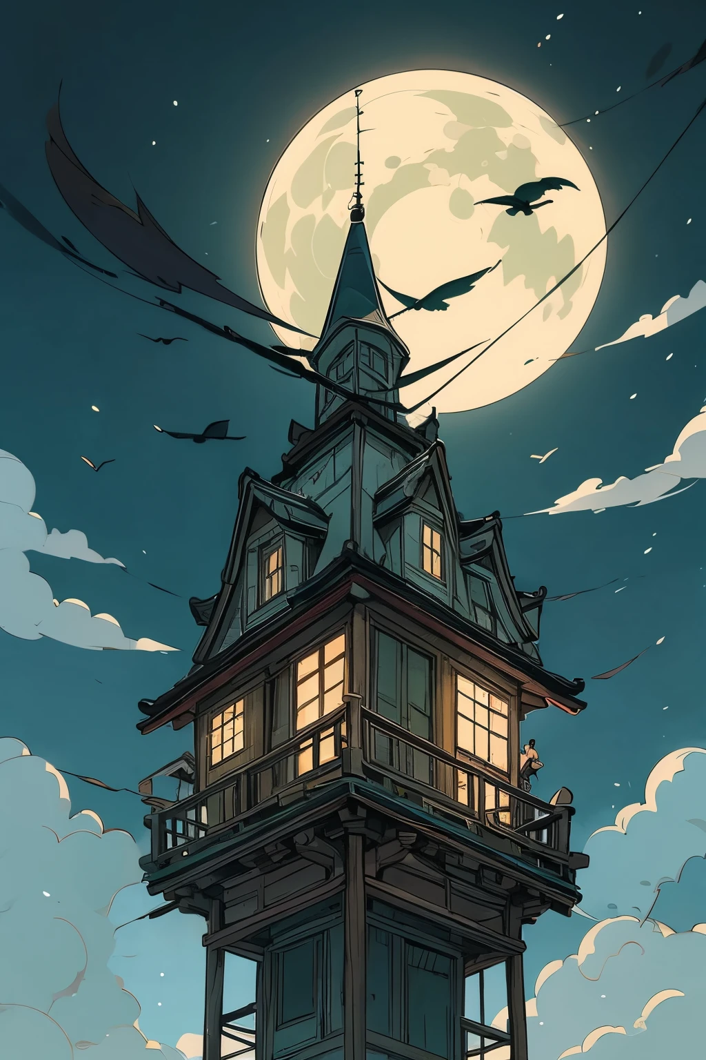        Translucent Illustration       、      anime style illustration     、    Small Shadows Seen in the Distance    、  Shadow of a  Witch Straddling a Broom Can Be Seen in the Distance 、green、   Dynamic Angle 、   is amazing、 Highest precision、 top quality 、    fantasy、Effective Production       、     Full Moon Seen in the Distance     、   Seaside Town Sky at Night    、    Horizontal Line、movie、   artistic、delicate、sentimental、 highlights 、 Contrast 