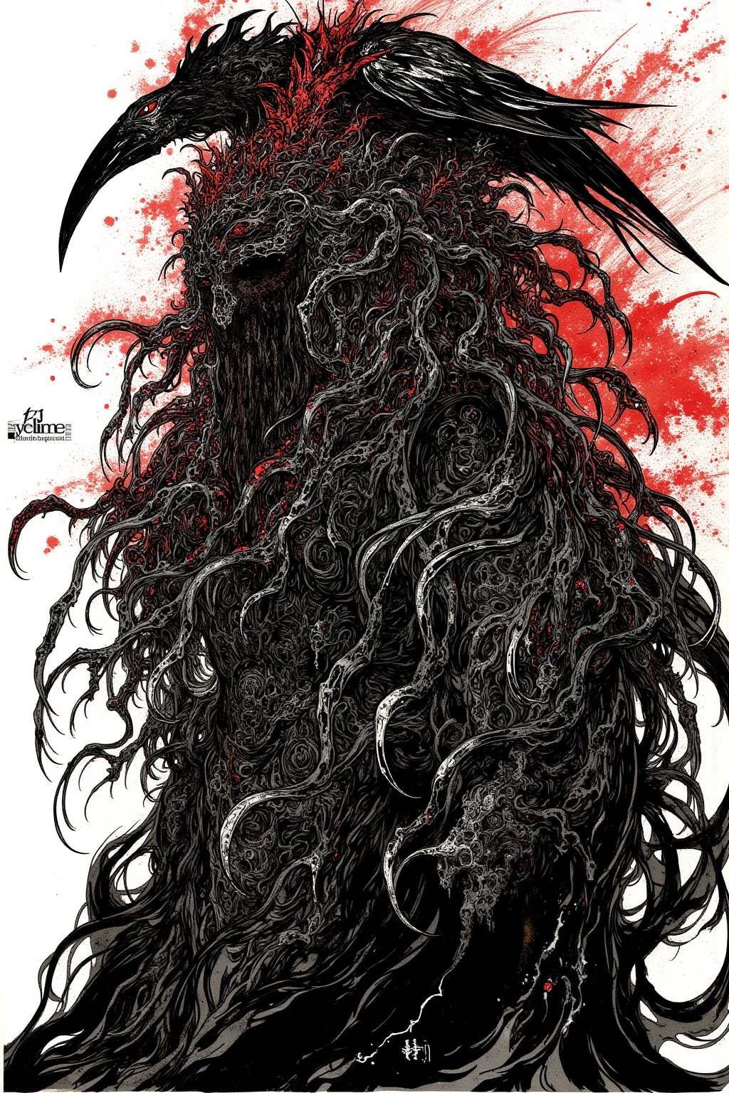 Outdoors, nighttime, terrifying gigantic wendigo roaring reaching for a terrified injured man on the ground, blood splatter, waning light, deep dark woods, tall thick ancient trees, falling snow, winter, bloody trail of carnage, seen from below,