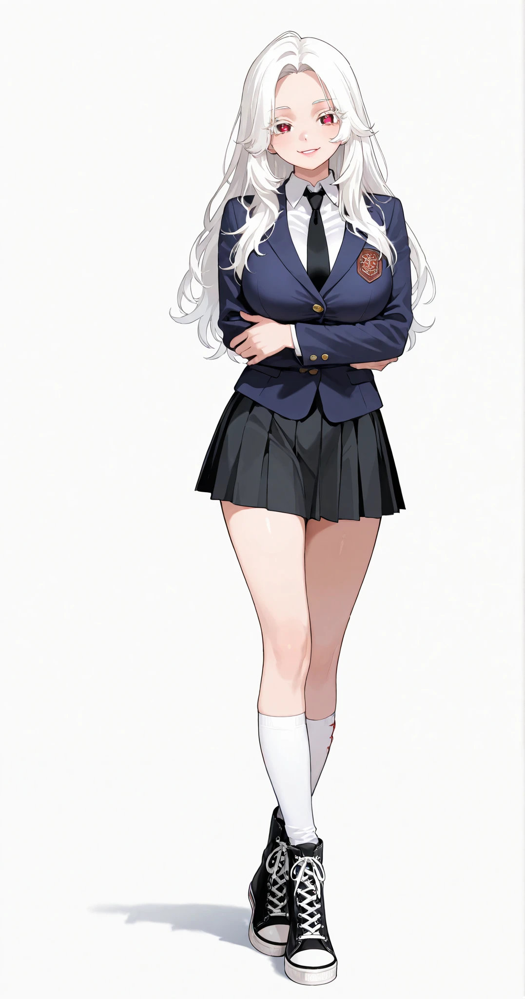 1 girl , beautiful, wavy white hair, middle part hair, long hair, defined red eyes, reddish lips, bright smile, white eyelashes, Latina, light skined, fit body, sexy body, big breast, long legs, high school uniform, black tie, dark blue jacket, black skirt, standing, white high top converse boots shoes, white knee high socks, hands crossed, full body, plain white background