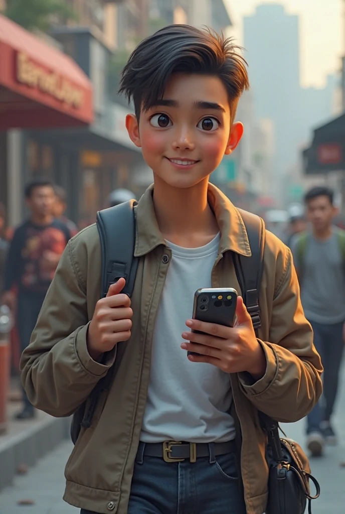 (photorealism:1.2), a boy showing unboxing his first expression on his i phone 16 pro Max and he gives reality of new i phone Which people should buy or not. Background full of activities to using iphone 