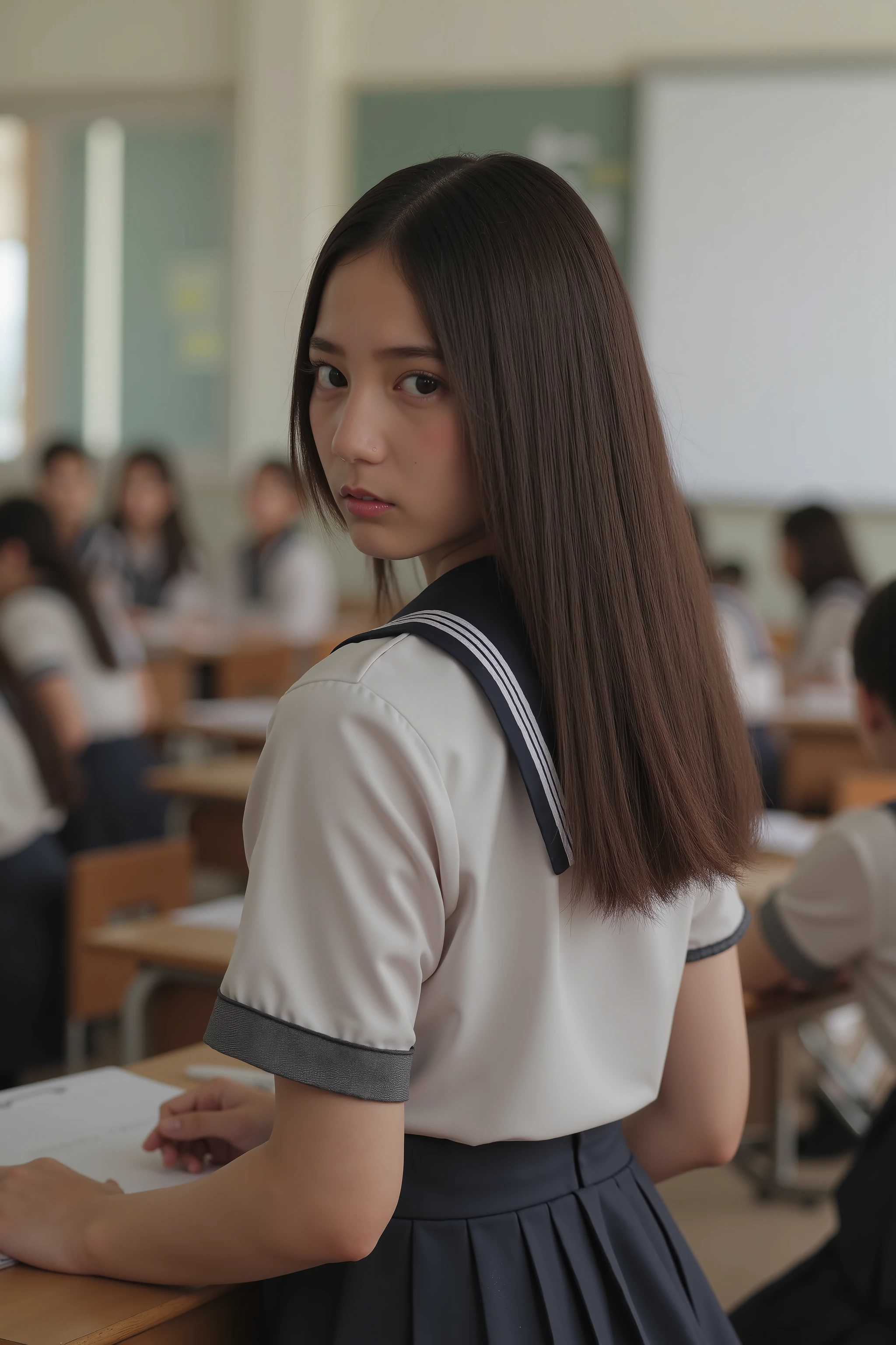 high resolution photograph,8k,masterpiece,best quality, detailed description, photo-realistic, Intricate details, natural lighting, 1girl, school uniform, long hair, (standing with hands on a school desk, looking back, turn around, twisted torso, ass focus), She smiled faintly at the corner of her mouth, indoors,classroom,