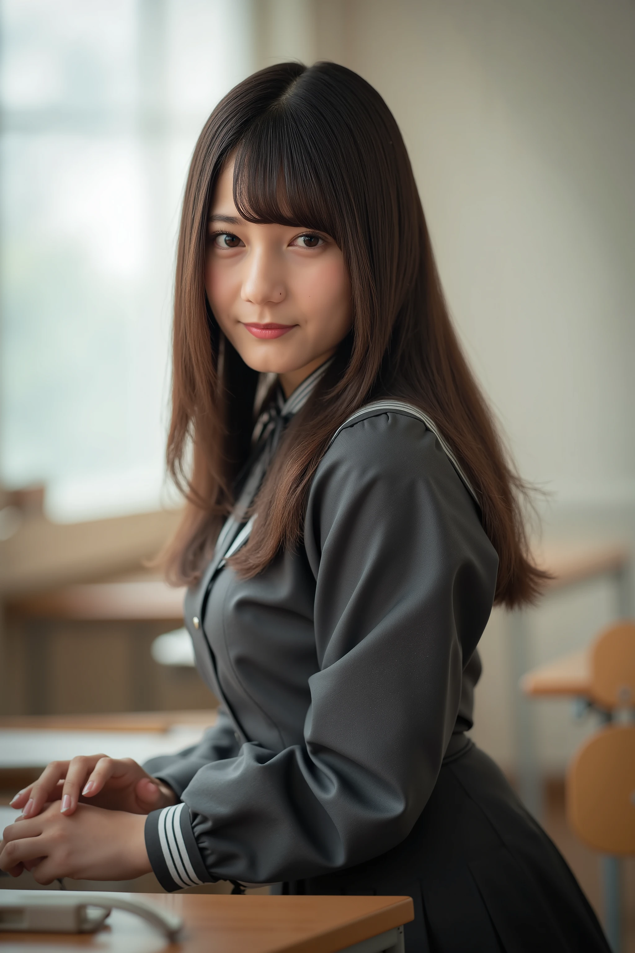 high resolution photograph,8k,masterpiece,best quality, detailed description, photo-realistic, Intricate details, natural lighting, 1girl, school uniform, long hair, (standing with hands on a school desk, looking back, turn around, twisted torso, ass focus), She smiled faintly at the corner of her mouth, indoors,classroom,