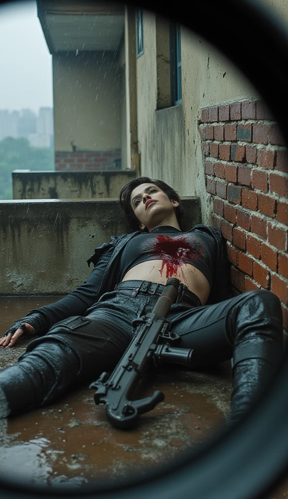Imagen del personaje Alice Benhathy de Resident Evil, sexy and with her low-cut black suit that she wears in the fifth film of the saga, his body stained with blood and good lighting in space, imagen clara