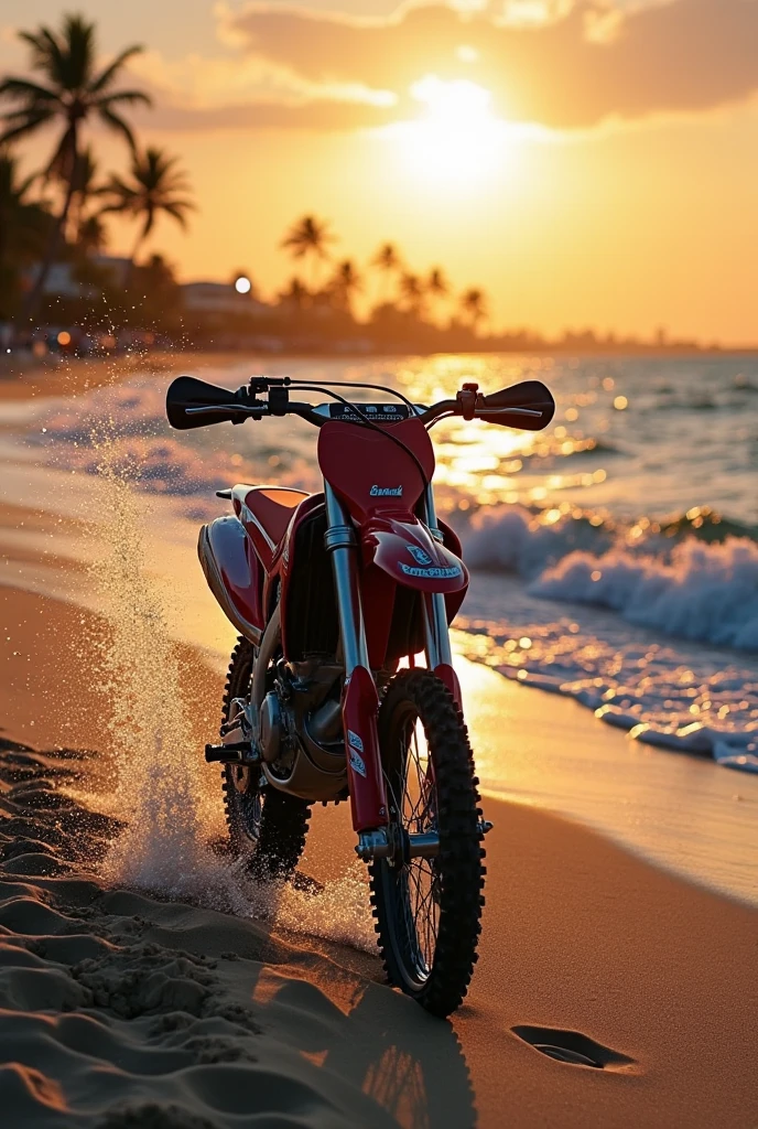 Yellow sport cruiser motorcycle on the ocean shore, a blonde girl in a swimsuit walks away from him towards the horizon. With surfboard High detail. Motorcycle detailing, detailing of the girl. sunset. To the right and left are mountains with jungles. 