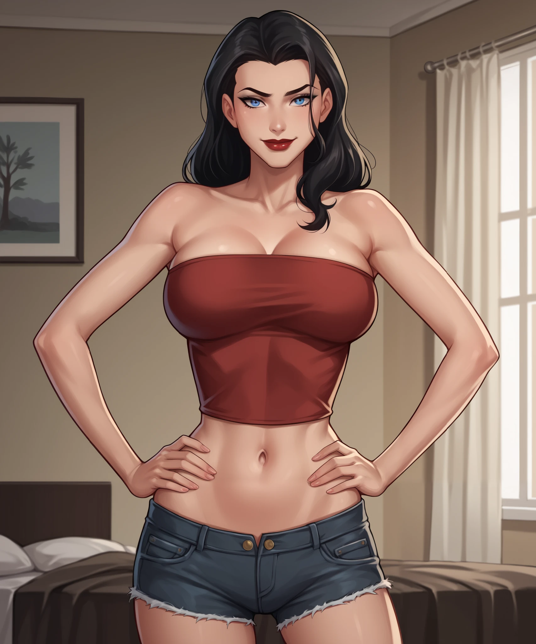 safe_pos, PonyXLV6_Scores BREAK ((parody style, parody), perfect anatomy, perfect eyes, cowboy shot), BREAK zatanna, black hair, blue eyes, dark red lipstick, black makeup, ((looking at viewer)), navy jean shorts, curvy, athletic, large breasts, standing, indoors, smile, closed mouth,  bedroom , happy expression, standing, navy tube top, hands on hips, seductive pose, sexually suggestive pose, raised eyebrow 
