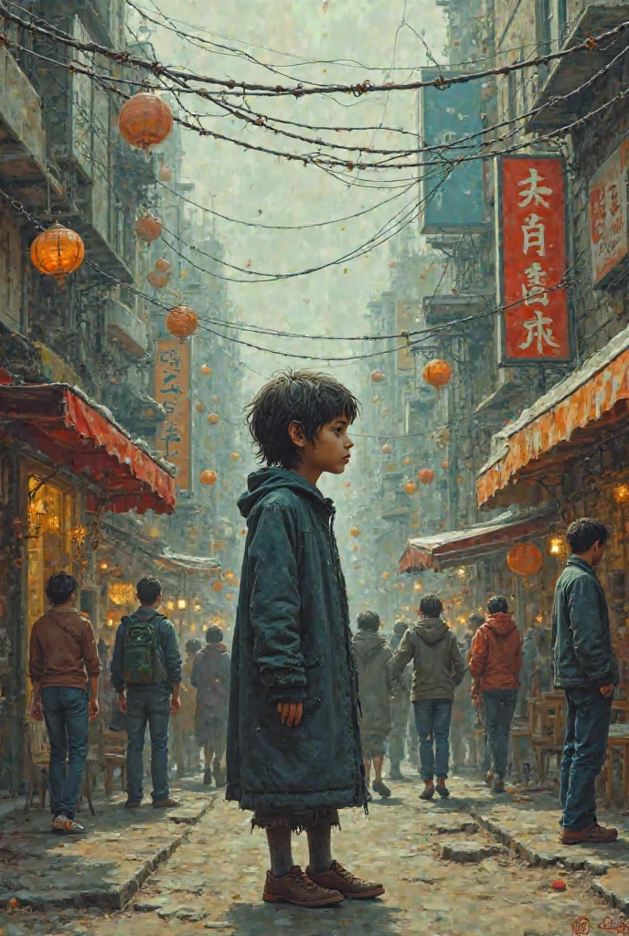 Create good figurative images for a body of painting with 6 pieces, with this story; a story of a quiet boy born into a noisy world, who doesn't speak much but when he does, its a real wow