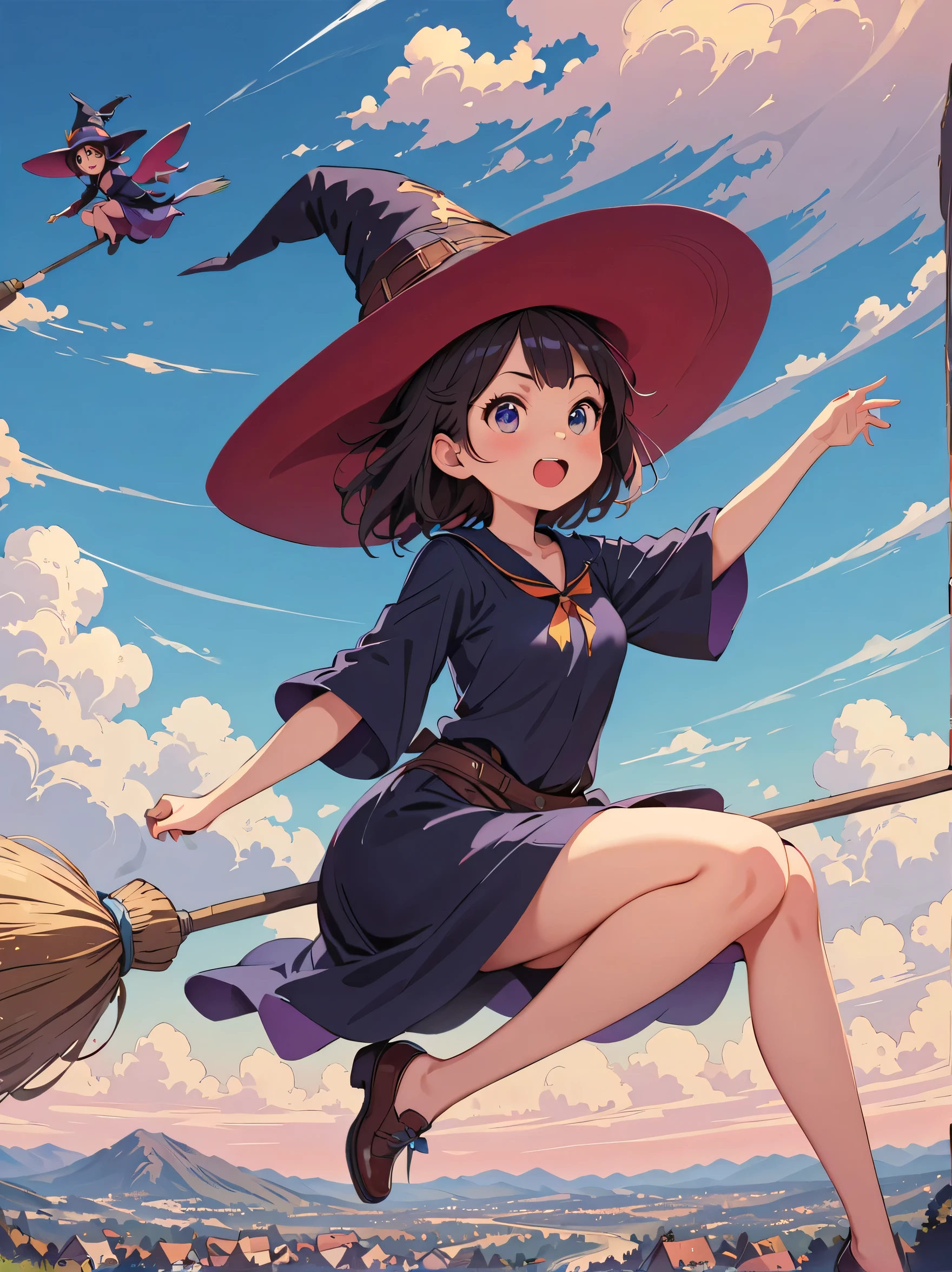 1 girl,Kiki ,Witch's Delivery Service,perfect face,cute, ((((flying witch))),((Ride a broom)),broom flight,Straddling the broom,anatomically correct,(masterpiece, highest quality:1.2),masterpiece,highest quality,The best masterpiece,8k,,Wind, fantasy,,wonderful,, Mysterious, Charm, Whimsical, playful, adventurous, free, wonder, imagine, decide, skill, speed, movement, energy, realism, naturalistic, figurative, represent, beauty, fantasy culture, myth, fairy tale, folklore, legend, witch, wizard, Magical creatures, fantasy worlds, composition, scale, Zenikichi, midway point, background, perspective, light, color, texture, become familiar with, beauty, wonder.