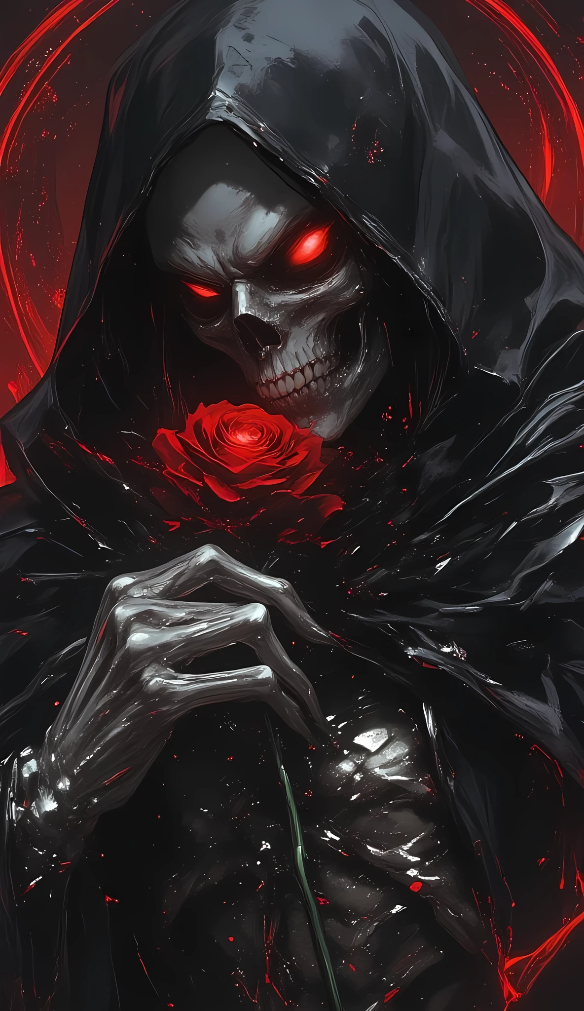 (masterpiece), Grim Reaper with a black tunic covering her face, is looking down at a red rose that holds in his skull-like hand, cowboy shot,  (best quality:1.4), (ultra highres:1.2), (hyperrealistic:1.4), (photorealistic:1.2), dark colours, dinamic pose, dark fantasy, (((centrada)))