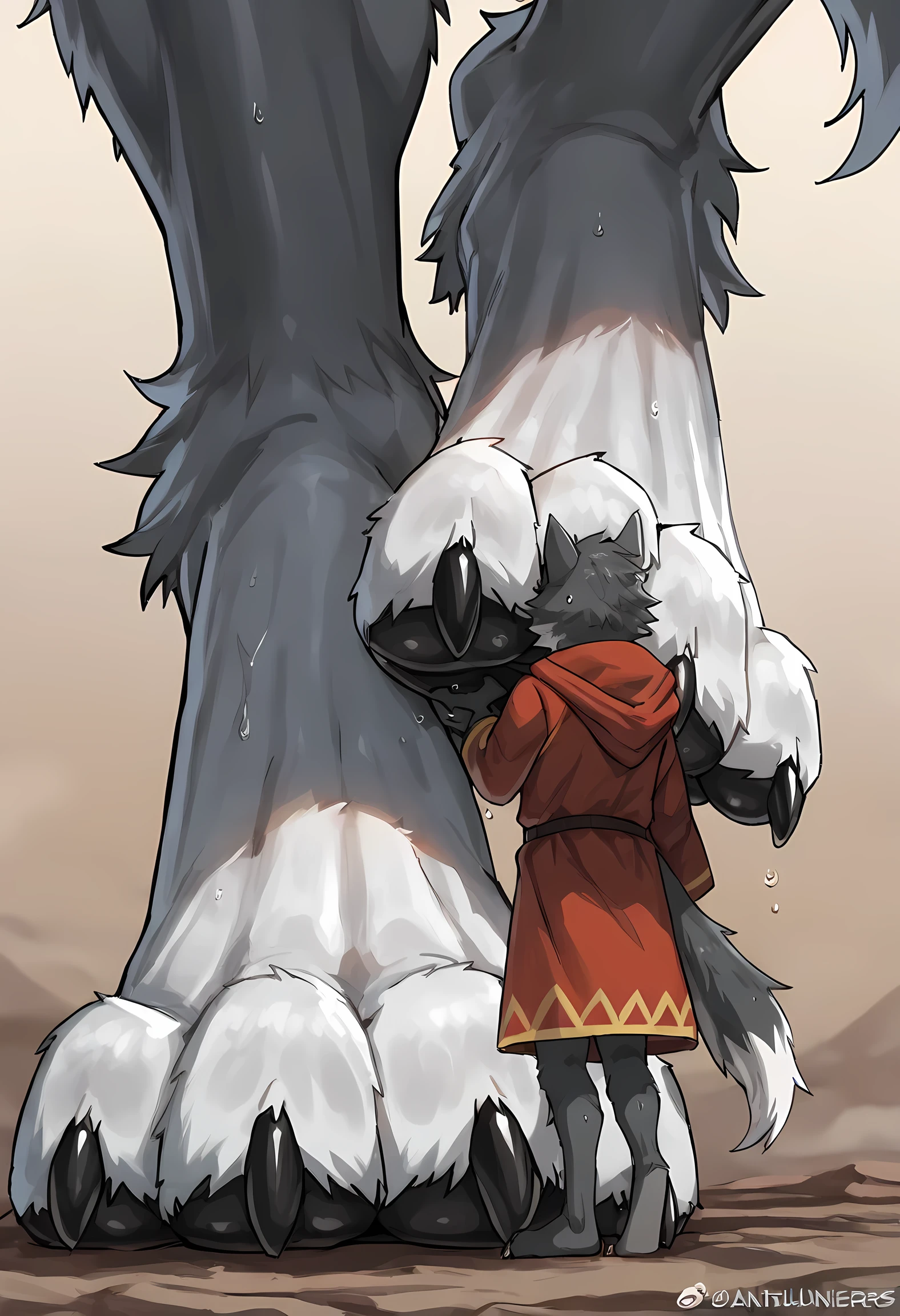 (macro size: 1.1), (describe image of a giant wolf boy putting his closeup foot in front of an adventurer: 1.2), an adventurer looking at a closeup wolf foot, simple background, (2boys: 1.1) (height difference), (wolf foot paw closeup: 1.3) (femboy), (furry wolf boy: 1.1), robes, adventurers, (very detailed: 1.2), sweat