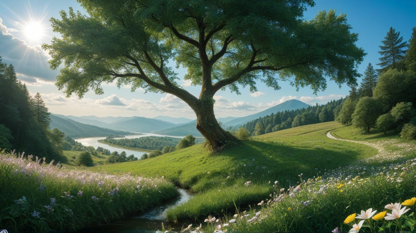 "A peaceful and enchanting nature scene bathed in soft golden sunlight ...