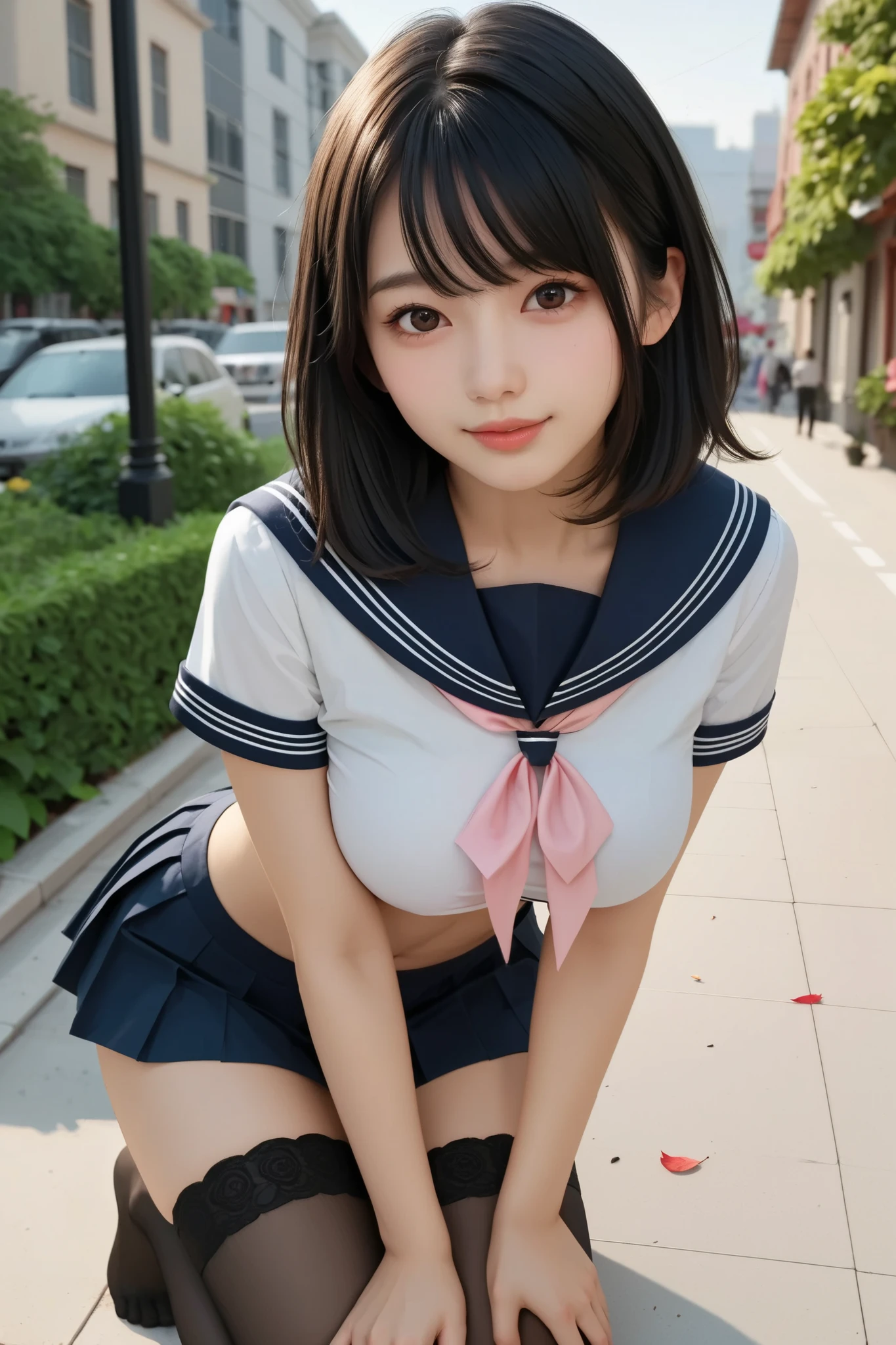 (​masterpiece、top-quality:1.2), 超A high resolution, (Photorealsitic:1.4), Detailed skin, lighting like a movie, friendly, Intelligent, Conversational Engaging, Happiness, cordial, Energetic, jolly, Created, Glowing eyes and infectious smile, Cute  girl, NSFW, School uniform, Very small bust, exposed breast, show nipple, Show abs, a short skirt, The best smile, provocative smiling, see the beholder, Facing the front, Open your legs, Crowded cafes, bobhair