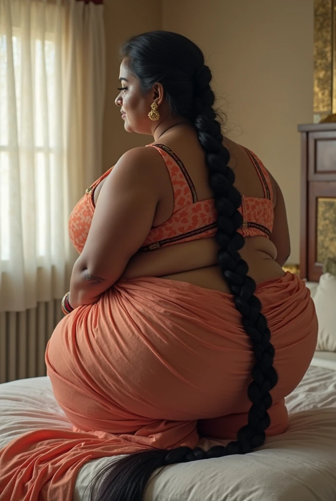 Indian chubby lady wear red nightdress sit on the bed, back view, hotel room, beautiful, real human, real detail,