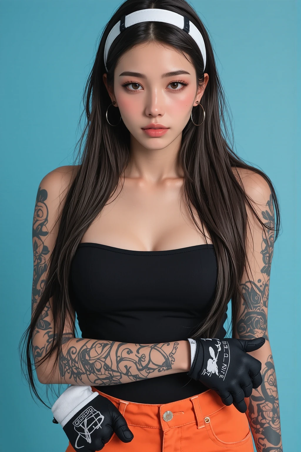 (best quality,height:1.2),very detailed,half body photo: 1.4,(realistic:1.37),(soft light),(1 girl),abandoned,from the front,raise hips,(detailed face),(tattoo),Lock the heart of a thief,golden eyes,black hair,long hair.
