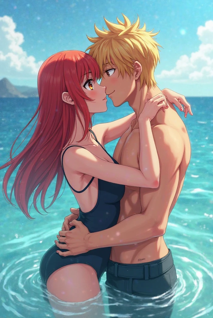 A redhead girl with blue eyes in lingerie with a handsome pale young man on the beach, touching her tit ( anime version)