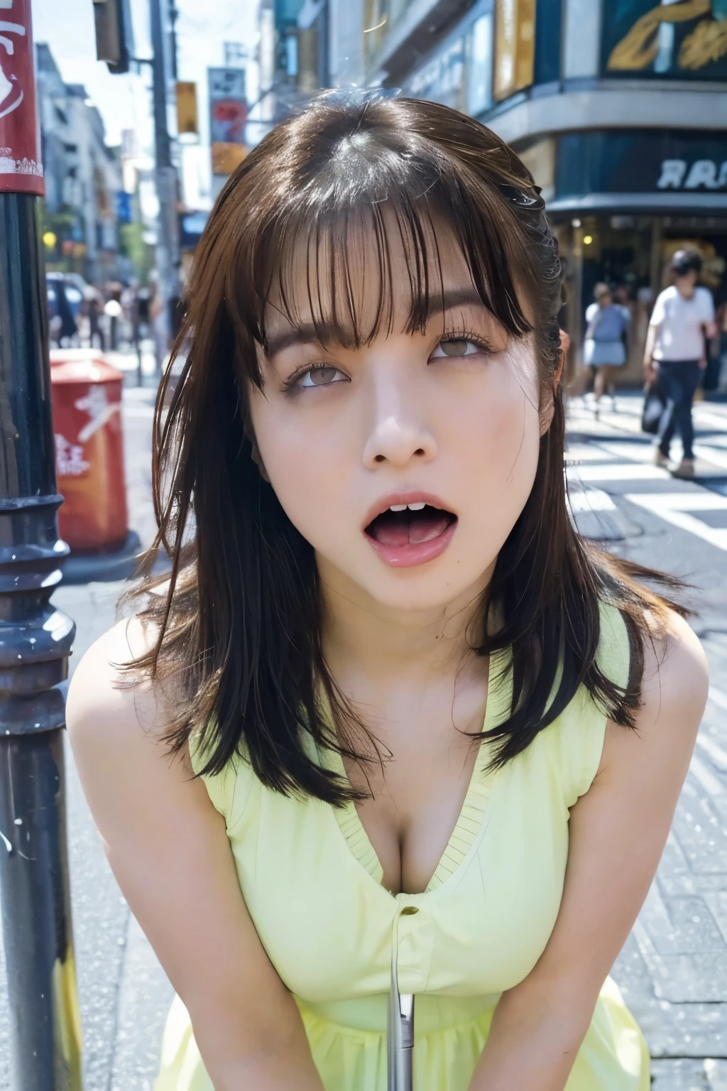 Close-up of face, (lean against a pole:1.5), ( top quality, masterpiece:1.2), highly detailed , high res, 8k Wallpaper, perfect dynamic composition, Eyes with Attention to Details , look up at the sky, summer trend fashion, open mouth, licking, gape mouth, She squints her eyes, (orgasm face:1.5), (Woman with open mouth and narrowed eyes, deep acme: 1.1), Surrounded by people, 20 years old, cute Japanese woman, sexy style ,in a busy city, Tokyo , camera sexy shot, summer fashion ,Summer clothes, see-through