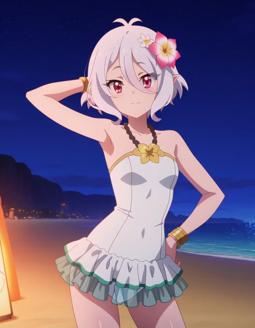 KokkoroSwimsuit, anime screencap, masterpiece, best quality,
1girl, solo, closed mouth, light smile,
short hair, white hair, antenna hair, magenta eyes, pointy ears, hair flower,
frilled one-piece swimsuit, bracelet, shiny skin, solo, night sky, beach, hand behind head, hand on hip, ((contrapposto)), closed mouth, cowboy shot, looking at viewer, smile, best quality