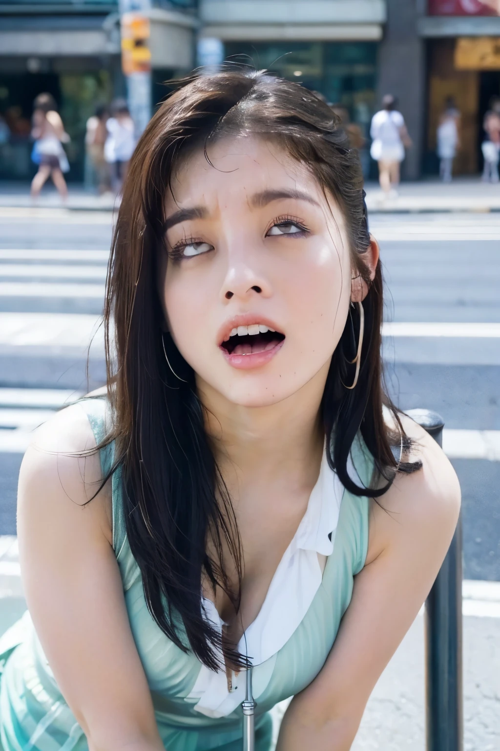 Close-up of face, (lean against a pole:1.5), ( top quality, masterpiece:1.2), highly detailed , high res, 8k Wallpaper, perfect dynamic composition, Eyes with Attention to Details , look up at the sky, summer trend fashion, open mouth, licking, gape mouth, She squints her eyes, (orgasm face:1.5), (Woman with open mouth and narrowed eyes, deep acme: 1.1), Surrounded by people, 20 years old, cute Japanese woman, sexy style ,in a busy city, Tokyo , camera sexy shot, summer fashion ,Summer clothes, see-through