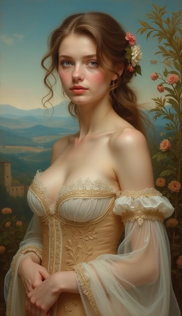 A painting designed in the style of Raphael , a beautiful Caucasian woman with dressed in a .