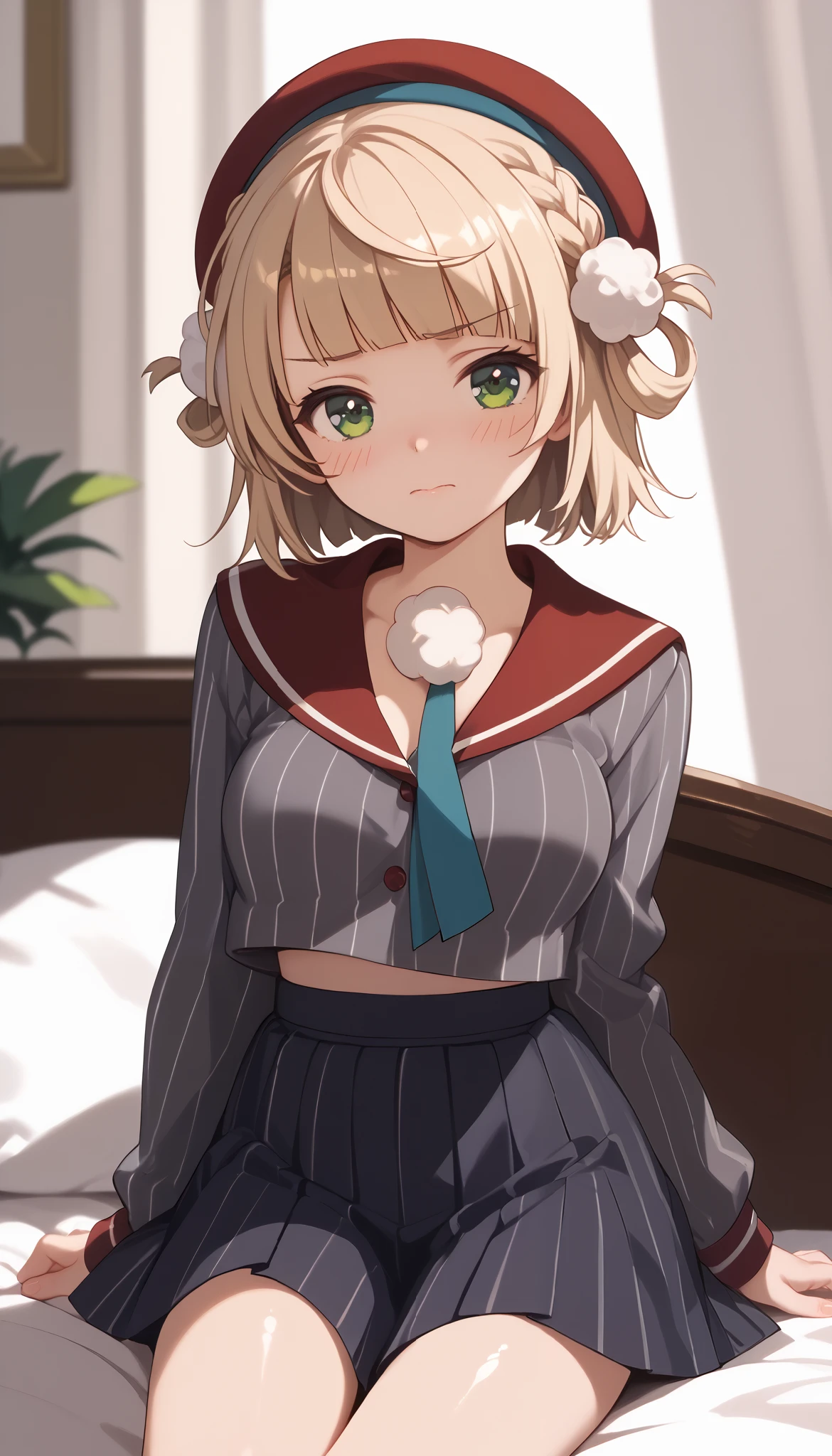 One Girl,shigure ui,solo,{hair rings:1.3},green eyes, pom pom hair ornament,embarrassed,blush,sailor collar, long sleeves, striped jacket, braid, vertical_striped skirt, vertical stripes, beret,medium breasts,cowboy shot,shiny skin, sitting on the bed ,{bright light},close up of breasts
