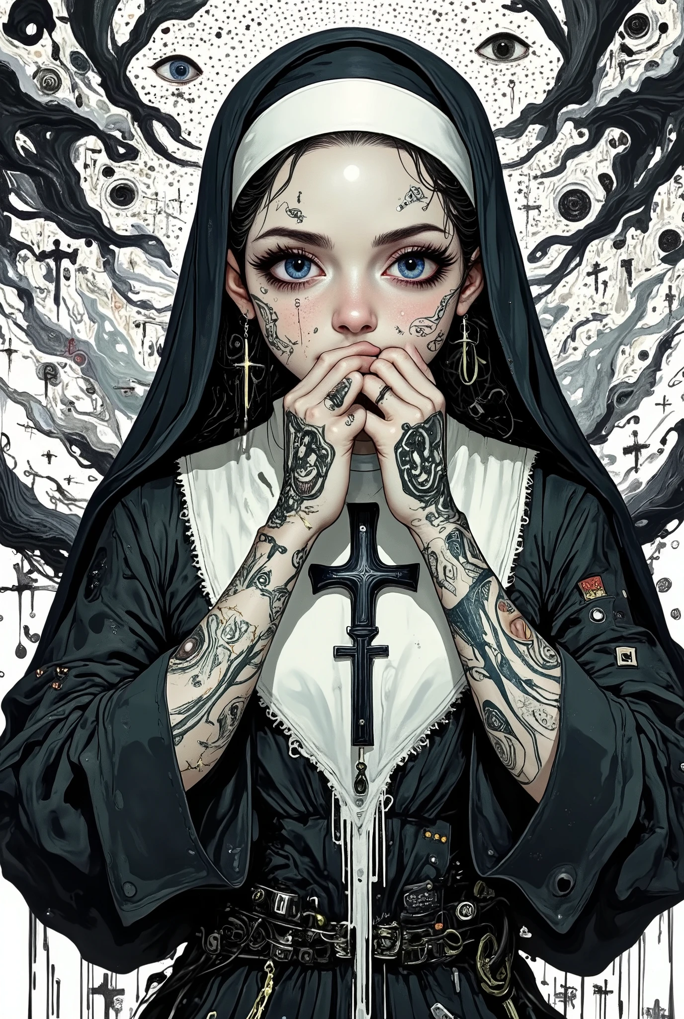 A hyper-realistic dark surrealism artwork of a nun with a gothic and cyberpunk fusion aesthetic. The nun is wearing a traditional black and white habit, with her hands covering her mouth as if in deep prayer or silence. Her arms and face are adorned with biomechanical tattoos or engravings, resembling a fusion of human and machine. The texture of her skin appears almost synthetic, giving an eerie, futuristic feel. She wears a large metal cross pendant. The background is a chaotic mix of black ink splashes, graffiti-like markings, and abstract crosses, enhancing the dark and rebellious atmosphere. The overall color palette is monochrome with high contrast, creating a dramatic and dystopian aesthetic. The lighting is moody, with soft highlights emphasizing the details of her clothing and biomechanical engravings. The artwork has a slightly melting or dissolving effect on the lower part, blending into the background. Inspired by dark surrealism, gothic cyberpunk, and biomechanical horror. High detail, ultra-sharp focus, cinematic lighting.