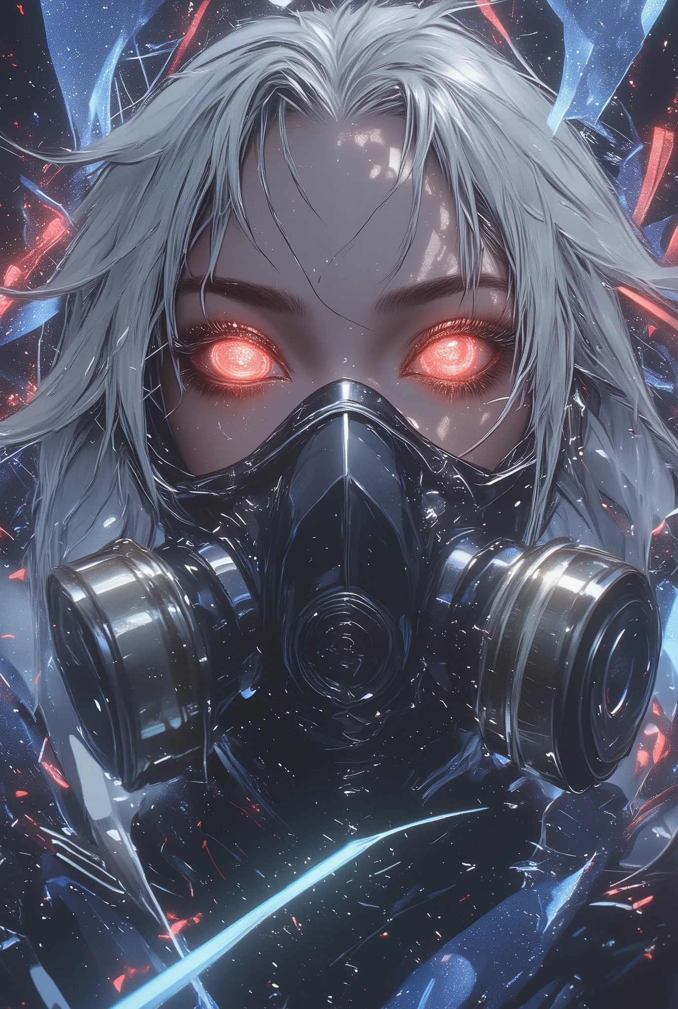 vibrant colors, blue and grey colors, colorful disruptive background, masterpiece, japanese woman wearing gas mask with detailed red eyes, long white messy hair, 