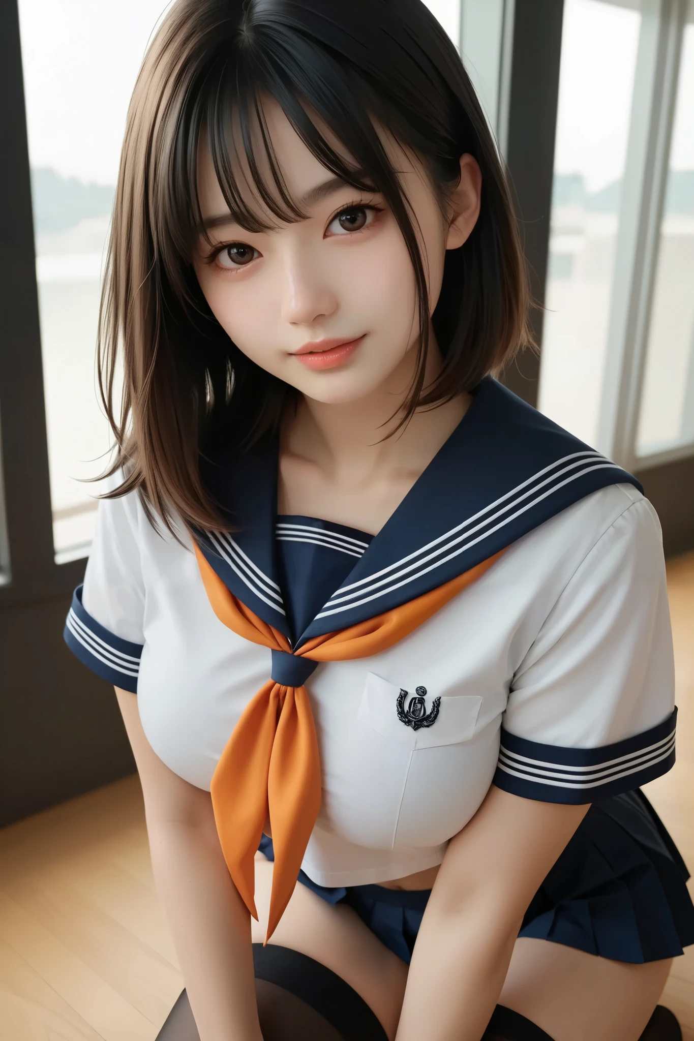 masterpiece、Highest quality、 photos、 real 、Super Detail、High Resolution、 8k、perfect dynamic composition,、beautiful detail eyes、 high school girl uniform、sailor suit、 medium hair、side one tail、 disheveled hair、( beautiful big breasts :1.2)、((sailor suit:1.3)), orange ribbon、round face、natural colored lips、Bold Sexy Poses、(Five fingers)、 so smile 、20 year old girl、cute、((black stockings:12))、looking at the camera in a sexy shot、Flip through your clothes and show me your bra、 shot above the knee 、 in the classroom、