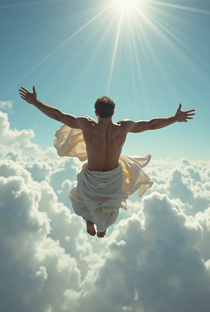 Handsome man flying among the clouds in white clothes
