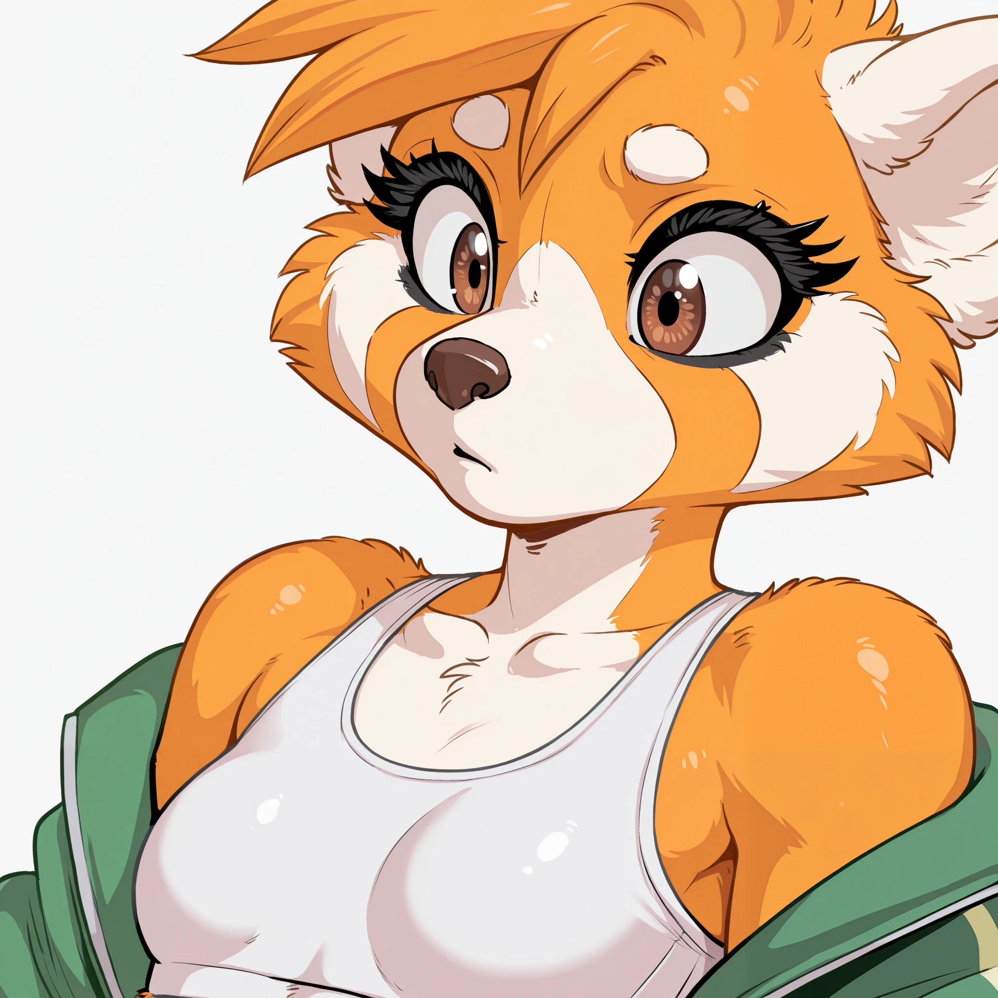 Anthro red panda, 1girl, solo, small breasts, short hair, big eyes, big eyelashes, glossy fur, light orange fur, black eyeliner, narrow shoulders, simple background, brown eyes, white sports bra, simple background, white background, green jacket, bare shoulders, face focus, portrait