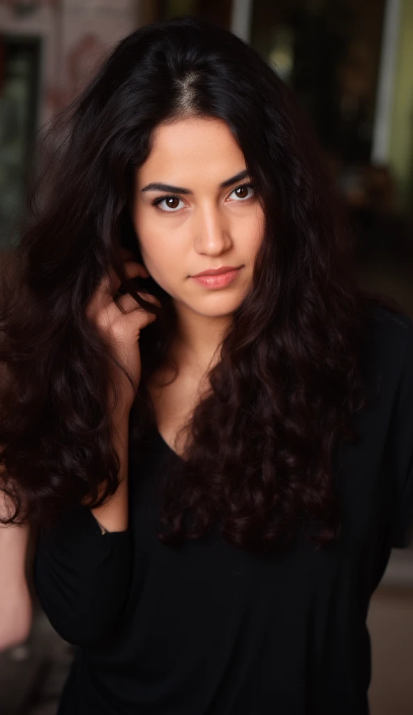 A girl with curly beautiful hairs brown eyes wearing black shalwar qameen has nosepeircing and wearing small size diomand nosepin