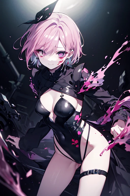 young girl, short pink hair, pink eyes, Pink Assassin's Clothes, open breasts, smirk, Masterpiece, hiquality