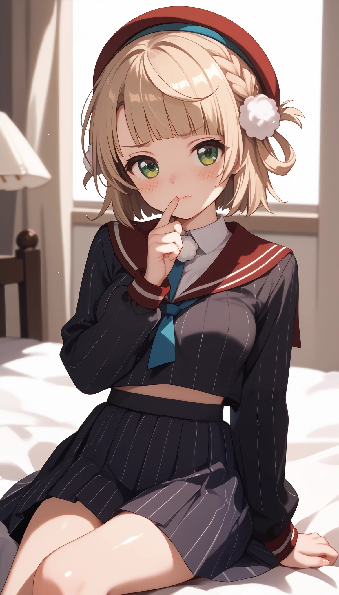 One Girl,shigure ui,solo,{hair rings:1.3},green eyes, pom pom hair ornament,embarrassed,blush,sailor collar, long sleeves, braid, vertical_striped skirt, vertical stripes, beret,medium breasts,cowboy shot,shiny skin, sitting on the bed ,{bright light},close up of breasts