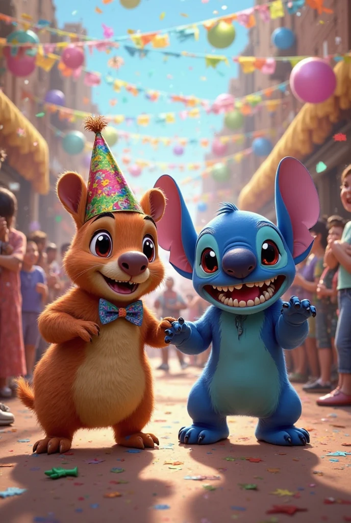 Winnie the Pooh and Stitch on birthday, colorful, 2D animated, happy, cute 