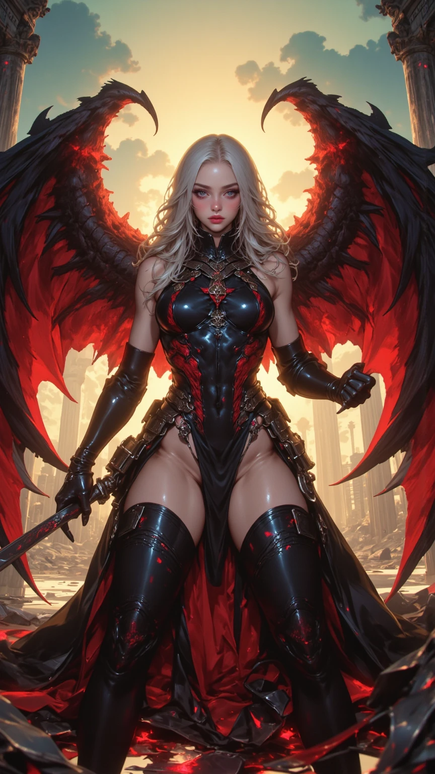 There is a beautiful woman, pale skin, de cabelos pretos, rosto perfeito, red-lips, olhos azuis, coxas finas, usando calcinha de latex negra, botas de coxa pretas, botas pretas, seios grandes, seios nus, mamilos rosados, cintura estreita, andando por um campo a noite, abdome fino, abdome exposto, Epic Fantasy Digital Art Style, por Yang J, Arte de fantasia 4k, Artgerm Julie Bell Beeple, Chengwei Pan em ArtStation, arte conceitual | Artgerm, epic exquisite character art, anjo escuro, Ambiente externo, Cena noturna, Lua cheia ao fundo, Clouds in the night sky, modelo bem iluminada