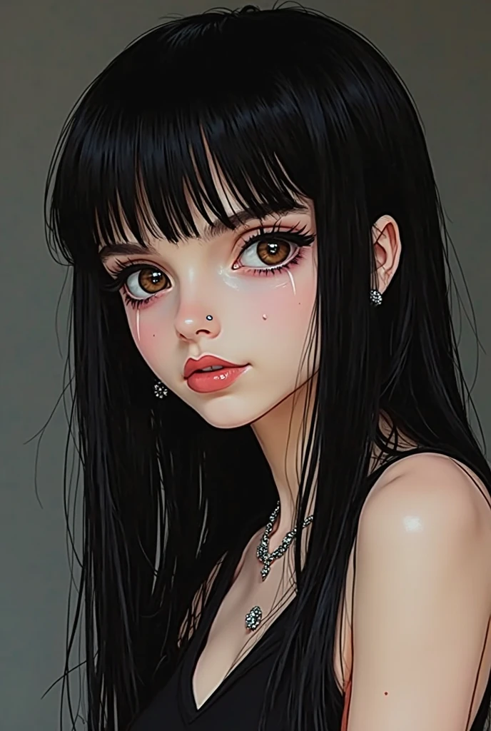 masterpiece,((masterwork, best quality, ultra realistic, ultra detailed, high res, 8k, RAW photo, photo realistic (soft shadows + realistic skin texture)),
((1girl)), beautiful girl, 18 years old, pale skin, spoofy hair, emo, eyeliner, goth, cherry blossom tattoo, very long hair, emo makeup, hair over one eye, grey eyes, black hair, lip piercing, nose piercing, ear piercing,
Black dress, black choker,
,( face shot:1.2, (close up), face focus), (white background:1.4),