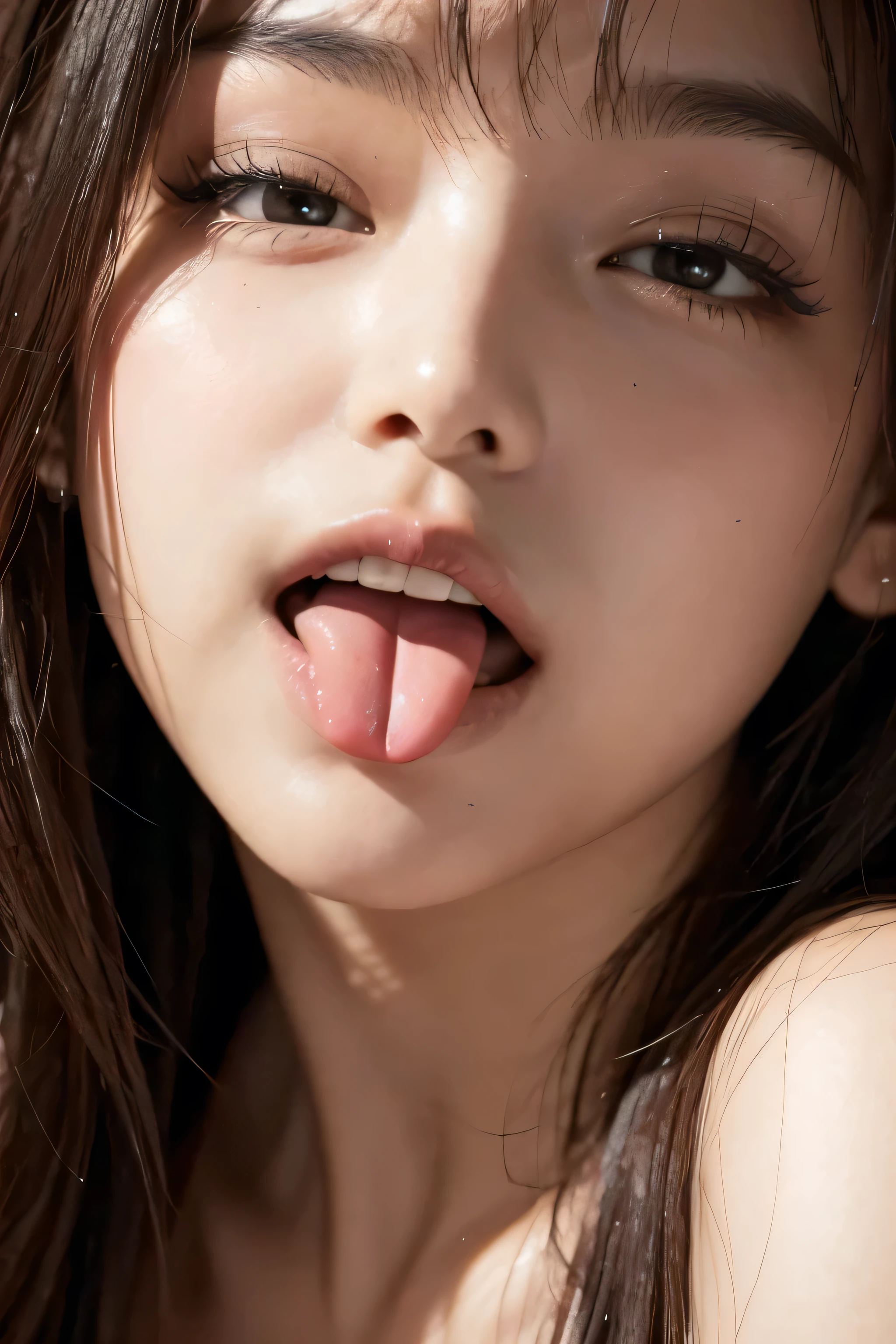 ((highest quality)),(超A high resolution),(Very detailed),(Detailed Description),((The best CG)),(masterpiece),Very detailedなアート、(highest quality、8k、32k、masterpiece)、(Realistic)、(Realistic:1.2)、(High resolution)、Very detailed, (Close-up face:1.6), Very beautiful face and eyes, Big eyes, 1 female、Tight waist、Delicate body、(highest quality、Attention to detail、Rich skin detail)、(highest quality、8k、Oil paints:1.2)、Very detailed、(Realistic、Realistic:1.37)、Bright colors、(Casual Fashion:1.3)Glare, Frowning, jitome, Frowning, Ahegao,(Long Tongue, Verbal invitation), Textured skin,