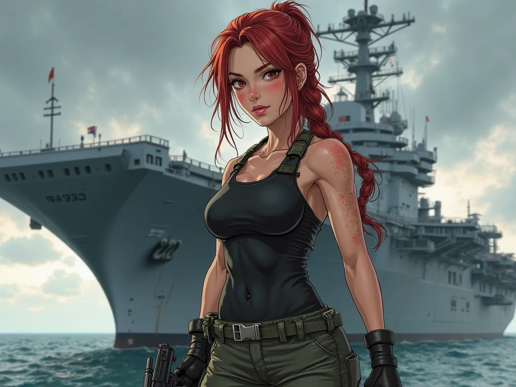 (masterpiece, top quality, best quality, official art, beautiful and aesthetic:1.2), (1girl:1.3), redhead, long hair victory curls, vintage 1940's American hairstyle, extremely detailed, portrait, looking at viewer, solo, (full body:0.6), detailed background, close up, vintage makeup, retro style, (warm summer military base theme:1.1), pinup girl, elegant face, long face, charlatan, smirk, mysterious, pretty face, detailed sharp eyes, full lips, posing on top of a tank, patriotic costume, star spangled costume, sexy costume, deep cleavage, cheeky shorts, high heels, legs, M4 Sherman tank, WWII tank, armored vehicle, (((( medium, breast )))), busty, big breasts, perky tits, turgid boobs, toned, slim waist, thin waist, booty, bubble butt, perfect hips, long legs, muscular legs, historical (WW2 army base exterior:1.1) background, dark mysterious lighting, shadows, magical atmosphere, dutch angle