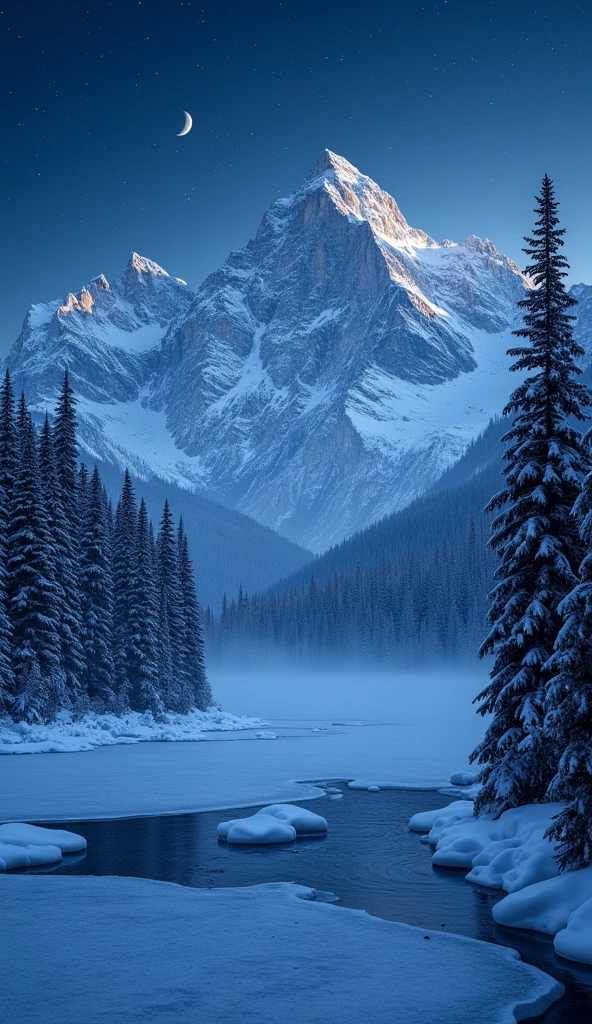 A breathtaking nighttime winter landscape featuring a majestic snow-covered mountain range under a deep midnight blue sky. The towering peaks, covered in fresh snow, are bathed in soft moonlight, casting a cool silvery glow on the rugged summits. A crescent moon hangs high above, illuminating the landscape with a cold yet serene light. Countless stars twinkle in the vast sky, enhancing the tranquil atmosphere.
In the foreground, a partially frozen lake reflects the moonlight and the faint glow of the stars, creating a mesmerizing interplay of light and shadow. Floating ice floes drift on the surface, shimmering faintly under the celestial glow. The surrounding evergreen trees, heavily laden with snow, stand tall and dark, their silhouettes contrasting against the luminous sky.
The entire scene is enveloped in a mystical and serene ambiance, evoking feelings of wonder and solitude. The composition is perfectly balanced, with the mountains as the central focal point, the lake providing depth, and the trees framing the scene. A subtle mist hovers above the frozen water, adding to the dreamlike quality of the night.
--ar 16:9 --v 6.0 --q 2 --style 4b