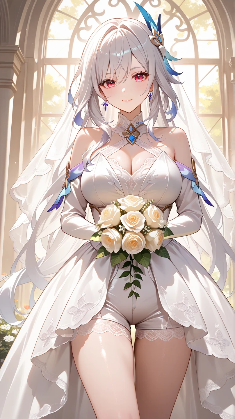 ((wedding)), ((Bride)), White Hair, Orange Pink Eyes, Two-tone Hair, Two-Tone eyes, ((Bridal Outfit), ((Flowers)), ((Petals)), ((Curvy)), ((Elegant)), ((Orange)), ((Crystals)), ((Love, Smile, Hearts)), ((White Brides Dress))