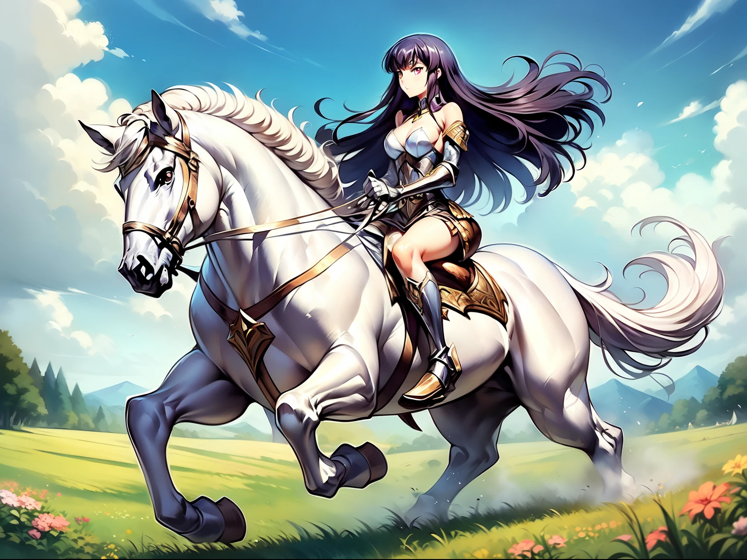 ((best quality)), ((anime masterpiece)), (high detailed), 8k, cinematic lighting, perfect face, female knight riding a HORSE, (KJOsakuya, black hair, pink eyes, hime cut, long hair, medium breast, cleavage), (silver armor, silver pauldron, white miniskirt, bare legs, silver greaves, gloves), (white horse, white mane, white tail, saddle, reins, bridle, stirups), solo, in the grassland, medieval, both hand holding rein, from side: 1.2, anatomically correct, Detailed hand, Hand, Perfect hand