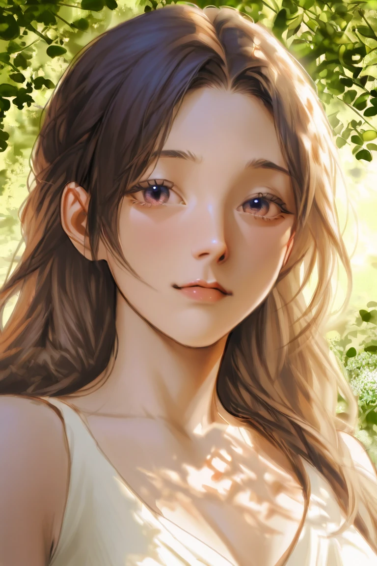 1girl, bare shoulders, shoulder-length wavy hair, serene, calm, whole body, leaves on breasts and groin (realistic detailed eyes, natural skin texture, realistic face details), soft dramatic lighting, depth of field, bokeh, vibrant details, finely detailed, hyper-realistic, 35mm film, hazy blur, filmg, --auto --s2