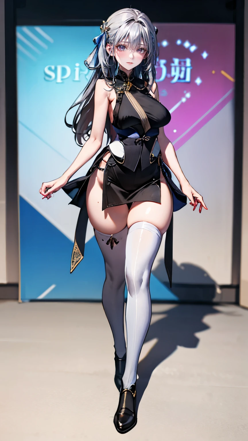 bodycon dress, A 40-year-old woman with huge breasts at the Comiket venue、She is standing on stage wearing a metallic bodycon dress.。There are people around々are gathering。This is a high resolution image.。