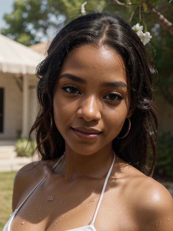 ia girl black skin, bun with extremely curly hair thrown to the right