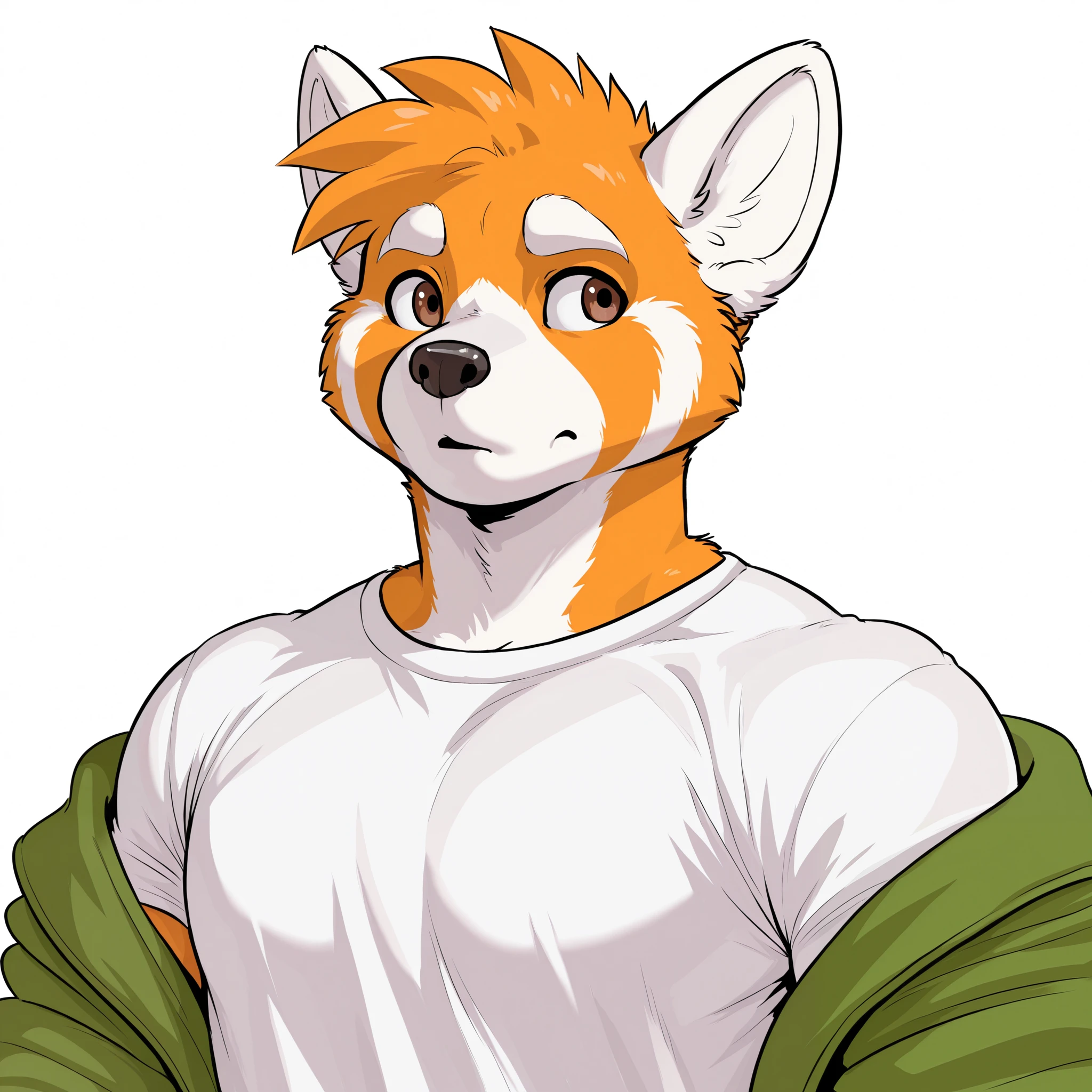 Anthro red panda, 1boy, solo, lean strong, short hair,  glossy fur, light orange fur, wide shoulders, simple background, brown eyes, white t-shirt, green jacket, simple background, white background, upper body focus