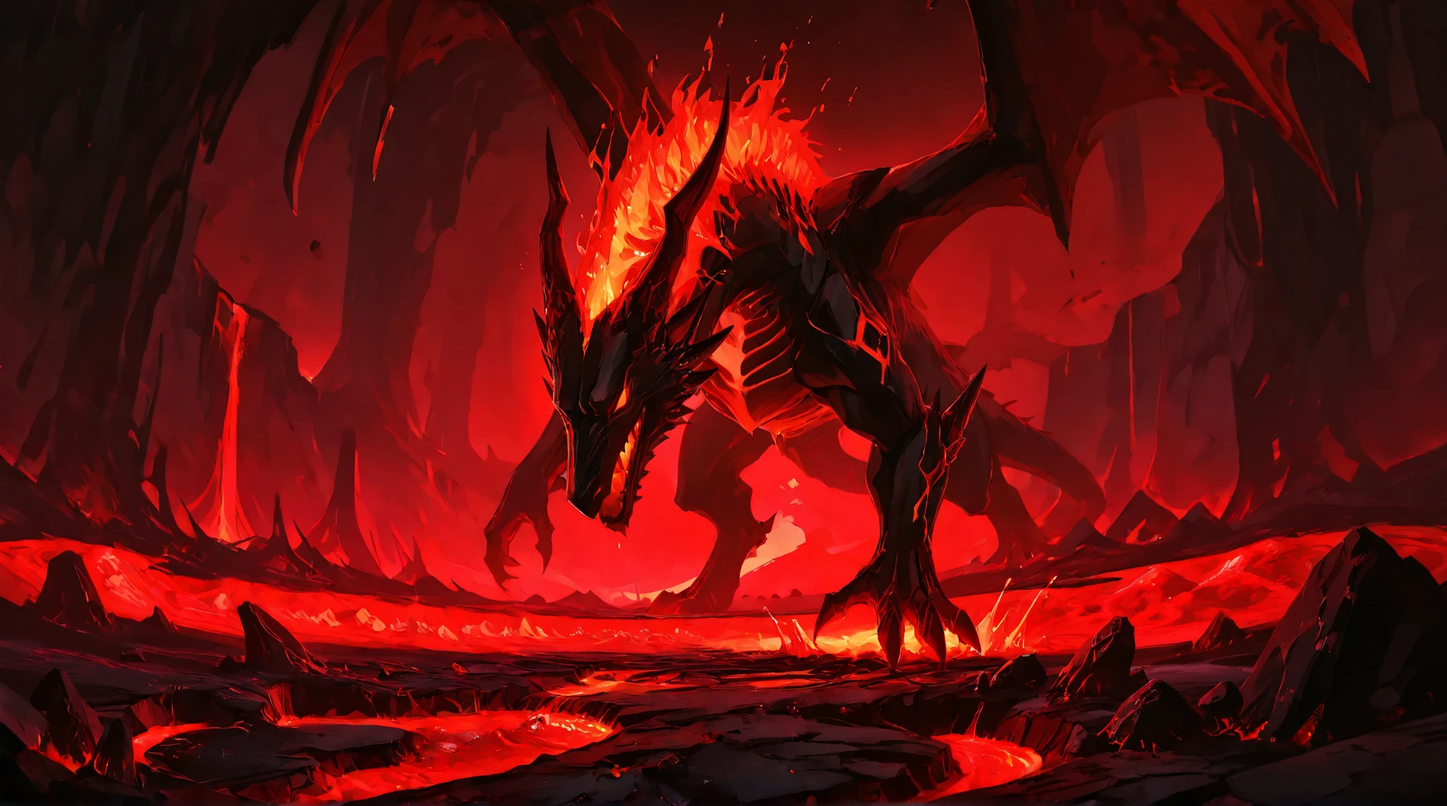 The Land of Magma, the birthplace of rocky volcanic dragons, features scattered volcanic rocks floating above a river of flowing lava. These rocks lead toward a cave with an entrance shaped like the head of a giant dragon, sculpted from volcanic stone. Crimson magical light pulses from within the rocks, illuminating the surrounding area with a fiery glow. The dragon’s eyes gleam with the same crimson light, creating an aura of mystical power as the lava flows violently beneath the floating rocks in a dramatic, molten landscape