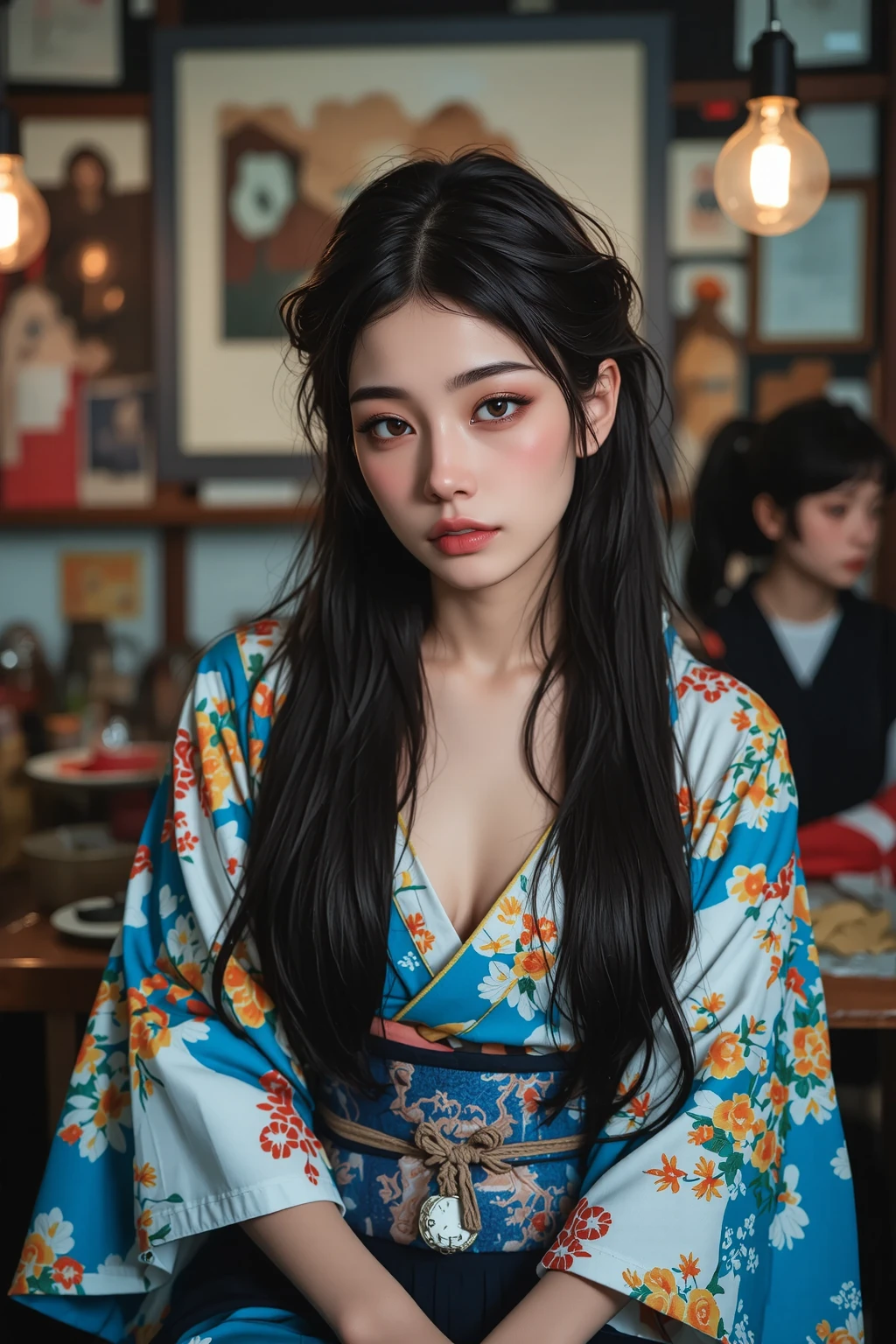 (masterpiece, best quality, highres:1.4), wallpaper, full body, 1girl, long hair, (blue hair:1.0), (black hair:1.0), green eyes, multicolored hair, gradient hair, small breast, facing to the side, yukata , holding party popper, night, hairclip, bangs,