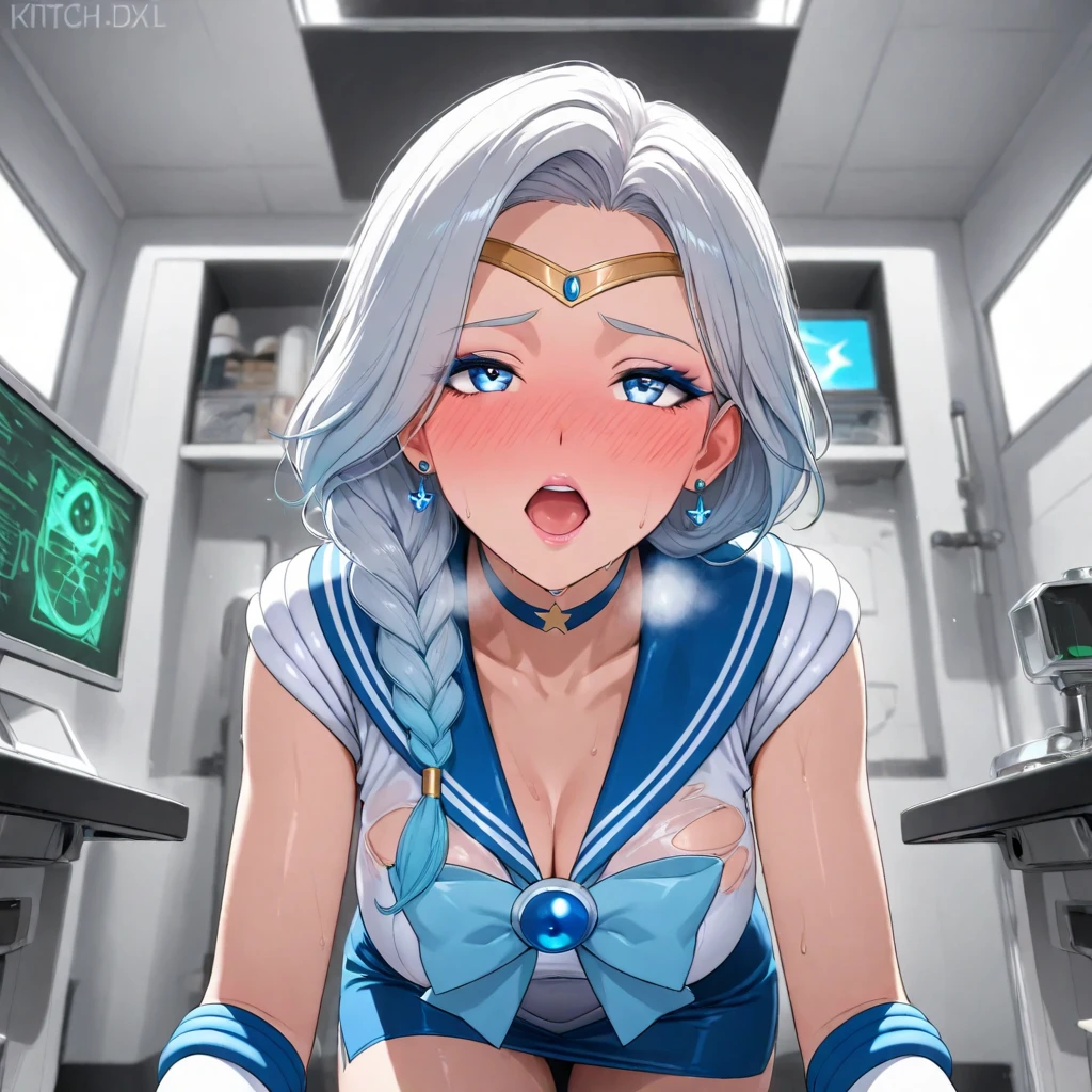 (Photos in RAW format, Best quality), (and souls: 1.2), (Sharp facial features), Aqua Konosuba, 1 woman, Beautiful, (highly detailed skin: 1.2), (teary eyes), (blue eyes), Ulyubka, clavicle, cute face, Beautiful eyes, Long eyelashes, ((perfect fingers)), Clean hands, (huge breasts:1.2), ((long blue hair)), ((White Nurse's Clothes:1.2, white stockings)), (((Beautiful breasts))), Examination room background, soft lighting, hands on the belt, high quality, professional lighting, photon mapping, physically based rendering, Perfect limbs, Ideal Anatomy, anatomically correct,