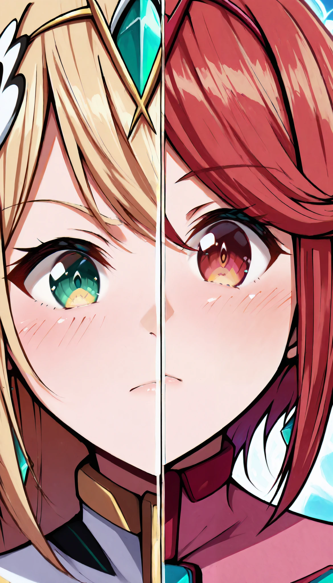 masterpiece, best quality, indoor, 1girl, SplitScreen, split screen, standing, Pyra, Mythra